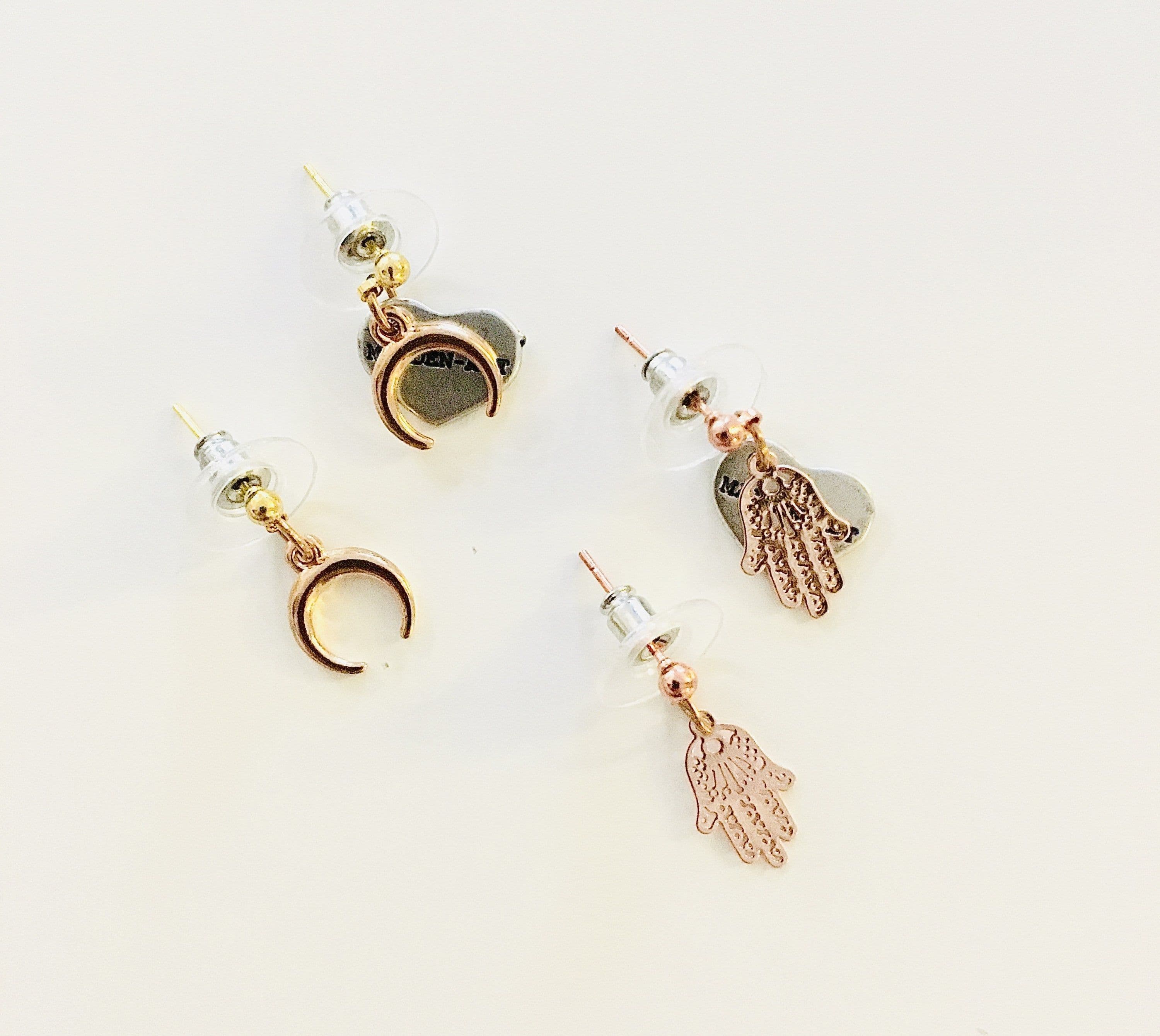 image-Crescent Moon or Hamsa Micro Earrings in Gold and Rose Gold