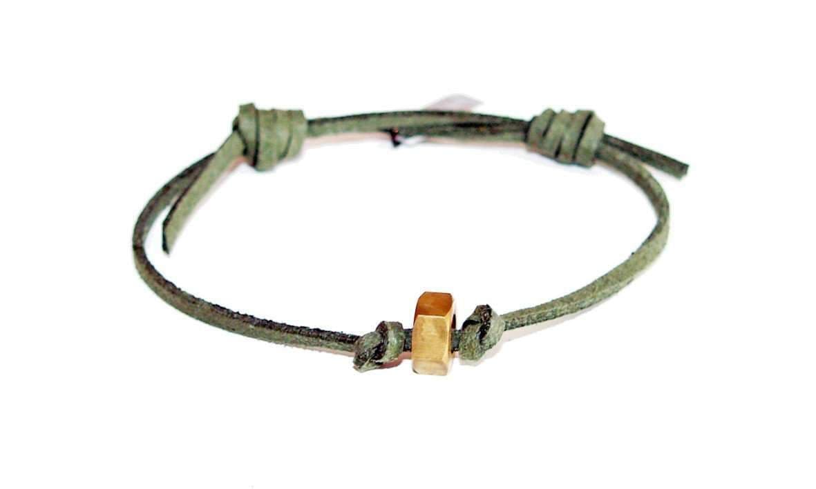image-Green Deerskin Mens bracelet with brass bolt nut