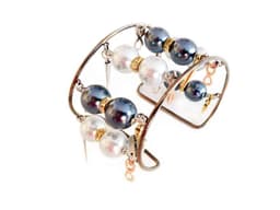 image-Handmade pearl cuff bracelet with gunmetal, light blue pearls,