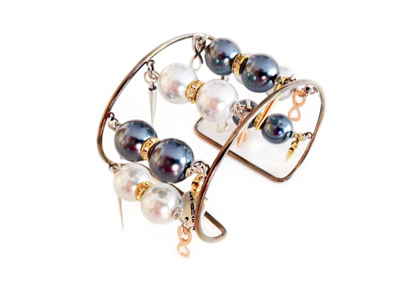 image-Handmade pearl cuff bracelet with gunmetal, light blue pearls,