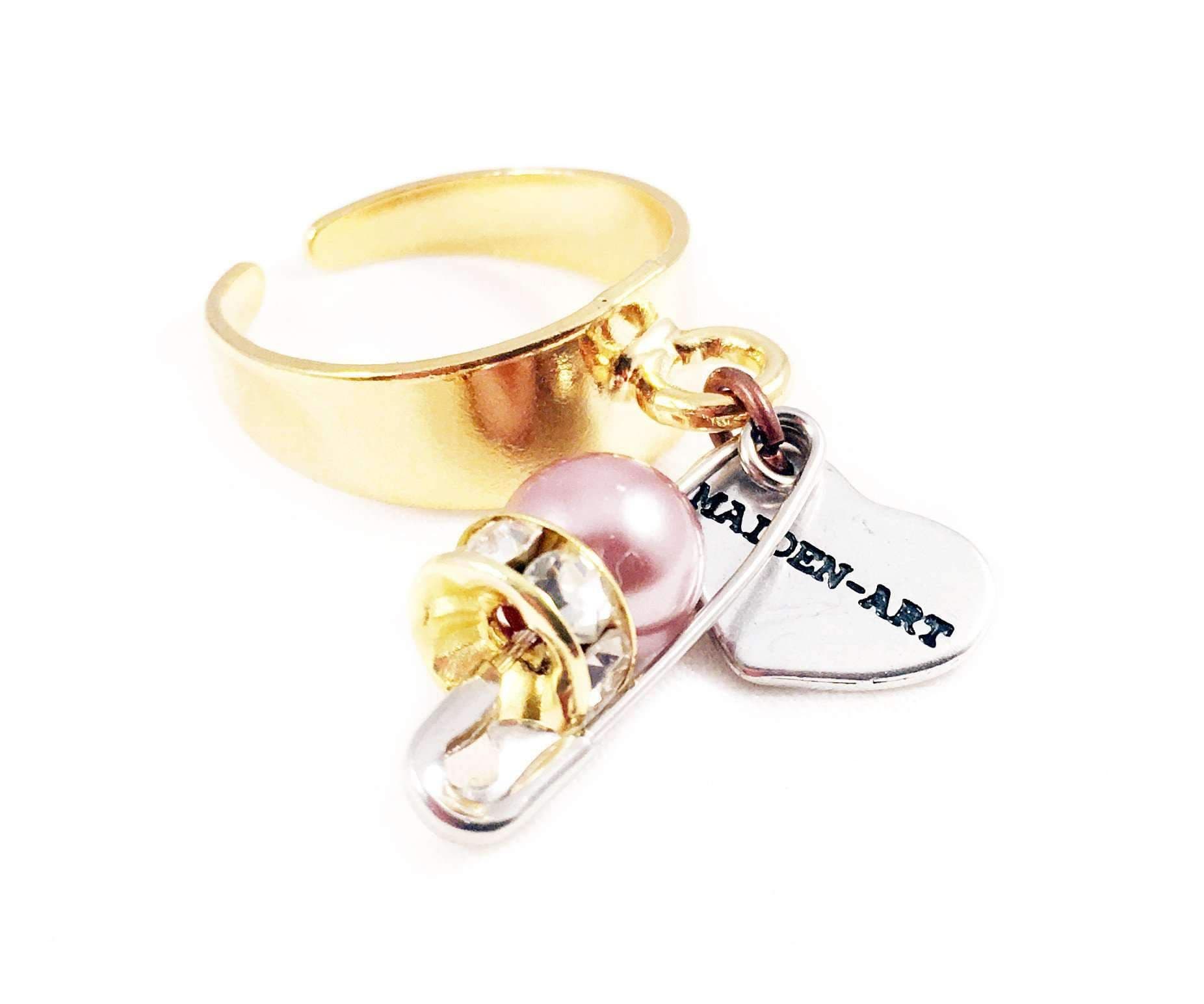 image-Gold ring with safety pin, crystal and pearl. Perfect for parties,