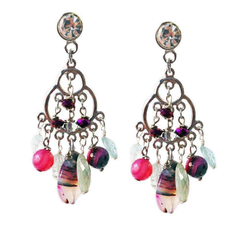 image-Chandelier Earrings with aquamarine stones and pink agate stones. Long