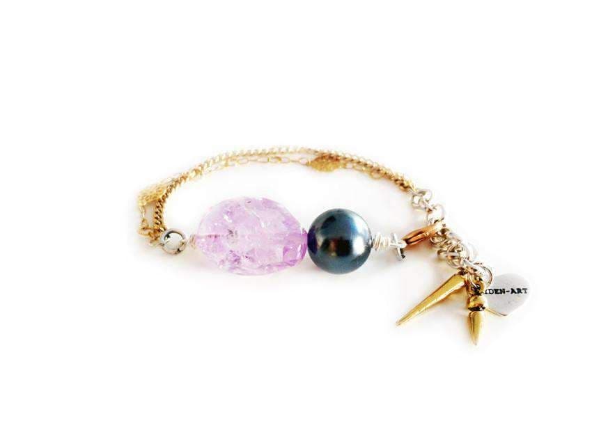 image-18kt Gold Plated Charm bracelet with amethyst stone, black pearl and