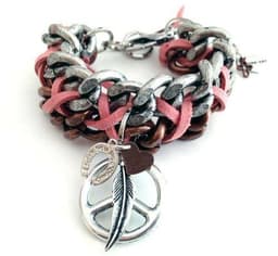 image-Cuff bracelet with peace symbol, feathers, hearts and Swarovski