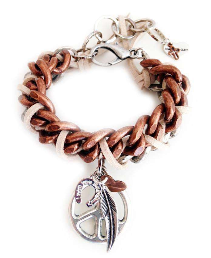 image-Cuff bracelet with peace symbol, feathers, hearts and Swarovski