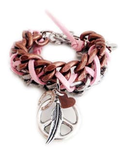 image-Cuff bracelet with peace symbol, feathers, hearts and Swarovski