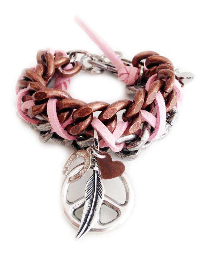 image-Cuff bracelet with peace symbol, feathers, hearts and Swarovski