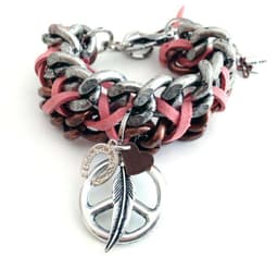 image-Cuff bracelet with peace symbol, feathers, hearts and Swarovski