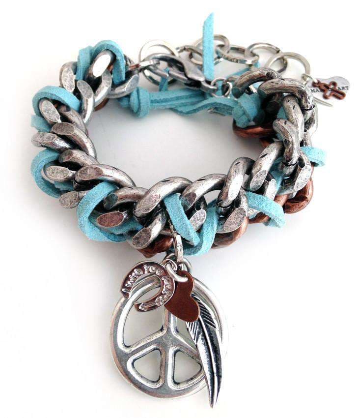 image-Cuff bracelet with peace symbol, feathers, hearts and Swarovski