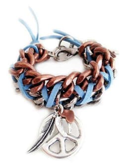 image-Cuff bracelet with peace symbol, feathers, hearts and Swarovski