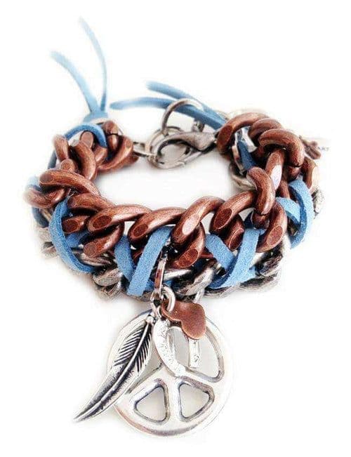 image-Cuff bracelet with peace symbol, feathers, hearts and Swarovski