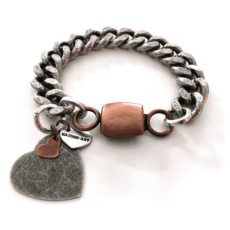 image-Double heart and chain bracelet in brass and silver. Perfect for
