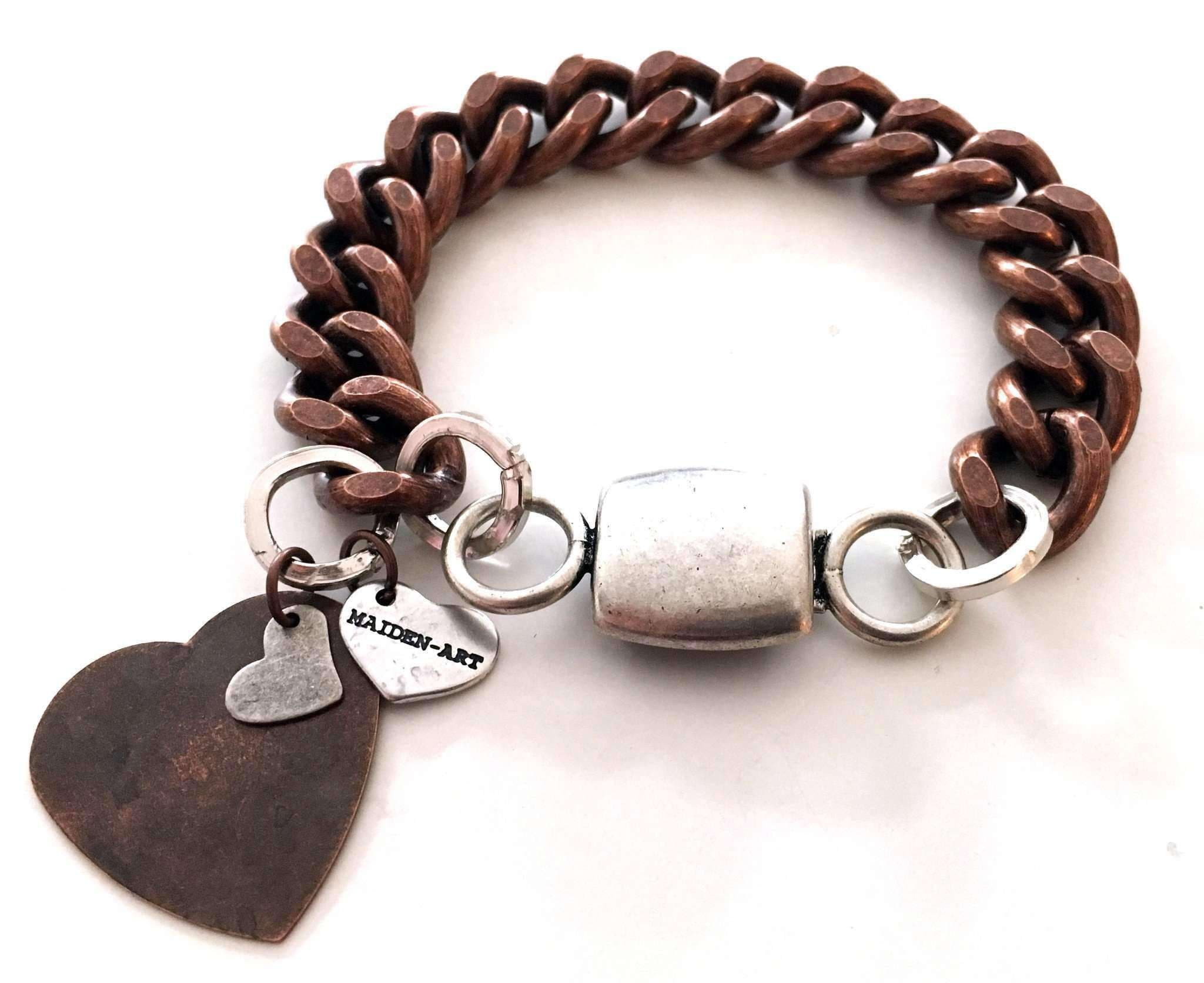 image-Double heart and chain bracelet in brass and silver. Perfect for