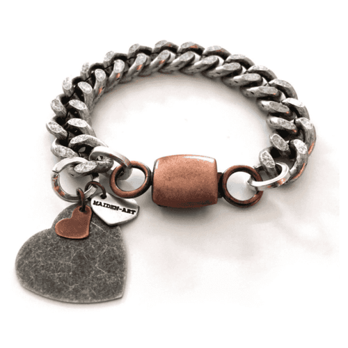 image-Double heart and chain bracelet in brass and silver. Perfect for