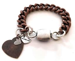 image-Double heart and chain bracelet in brass and silver. Perfect for