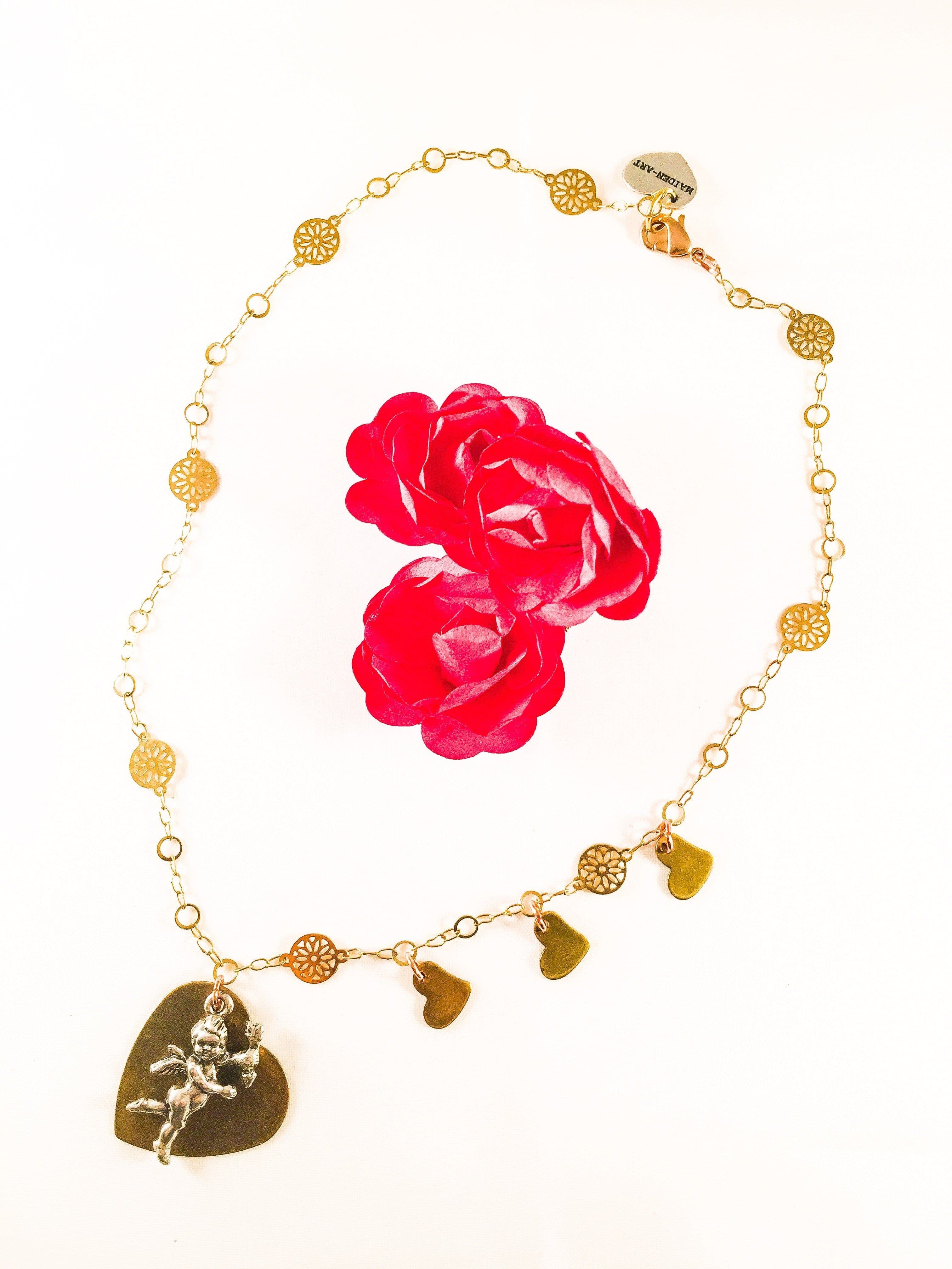 image-Silver Cherub And Bronze Heart Charm Necklace with 18kt Gold Plated