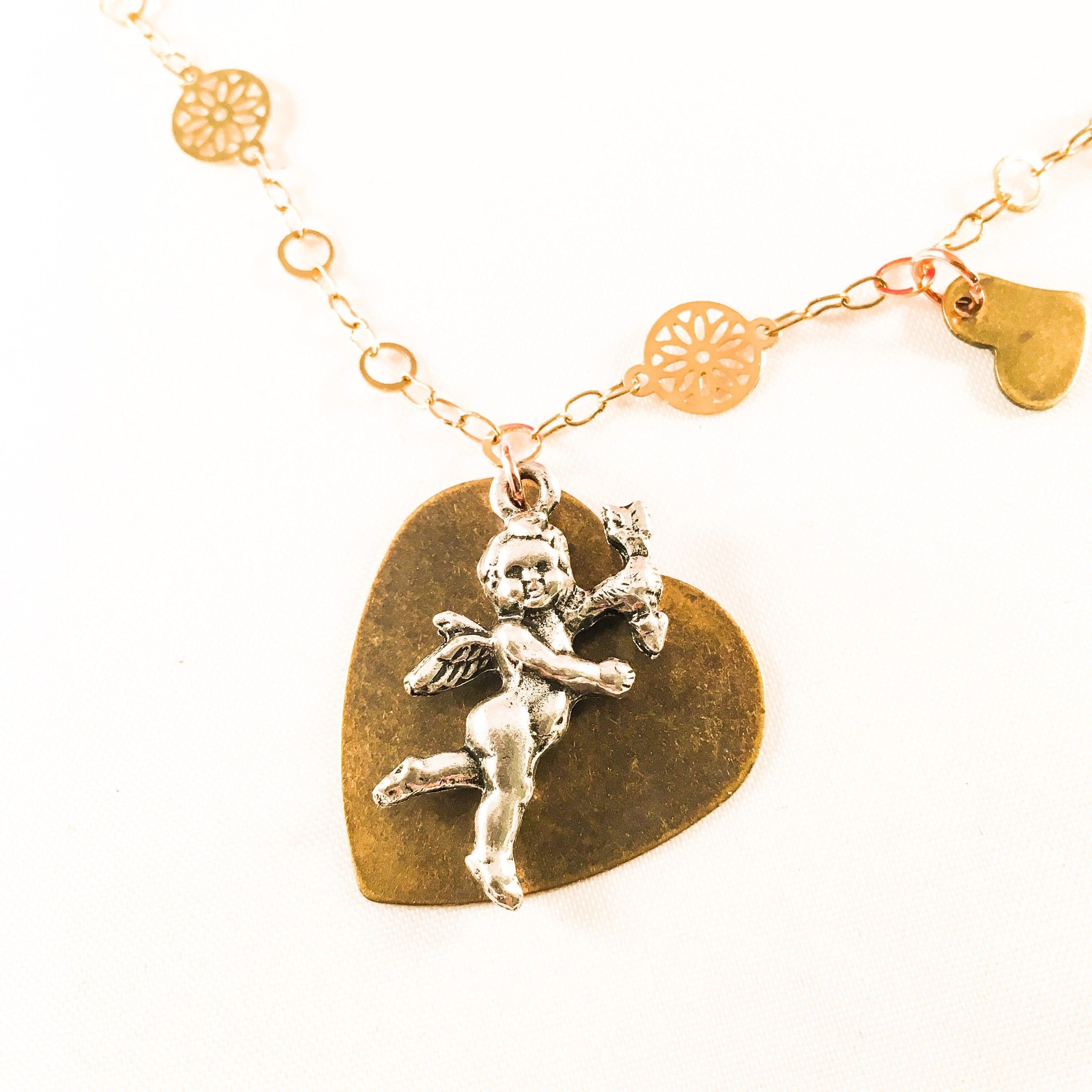 image-Silver Cherub And Bronze Heart Charm Necklace with 18kt Gold Plated