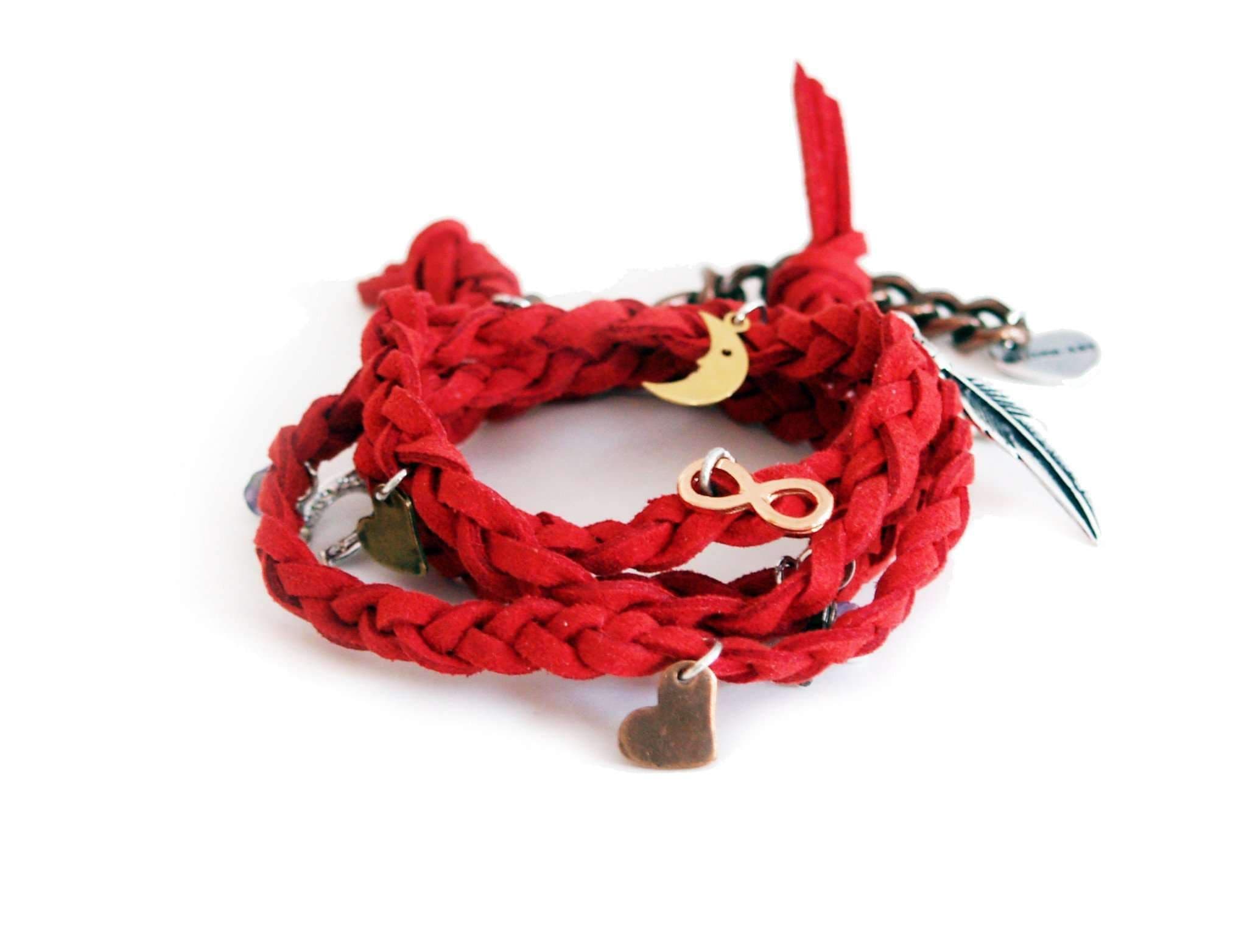 image-Red wraparound bracelet in deerskin leather with charms