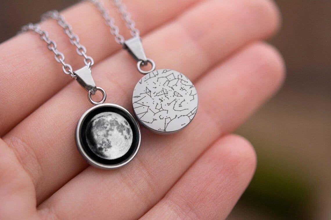 image-Custom Moon Phase + Star Map Necklace, Personalized Gift