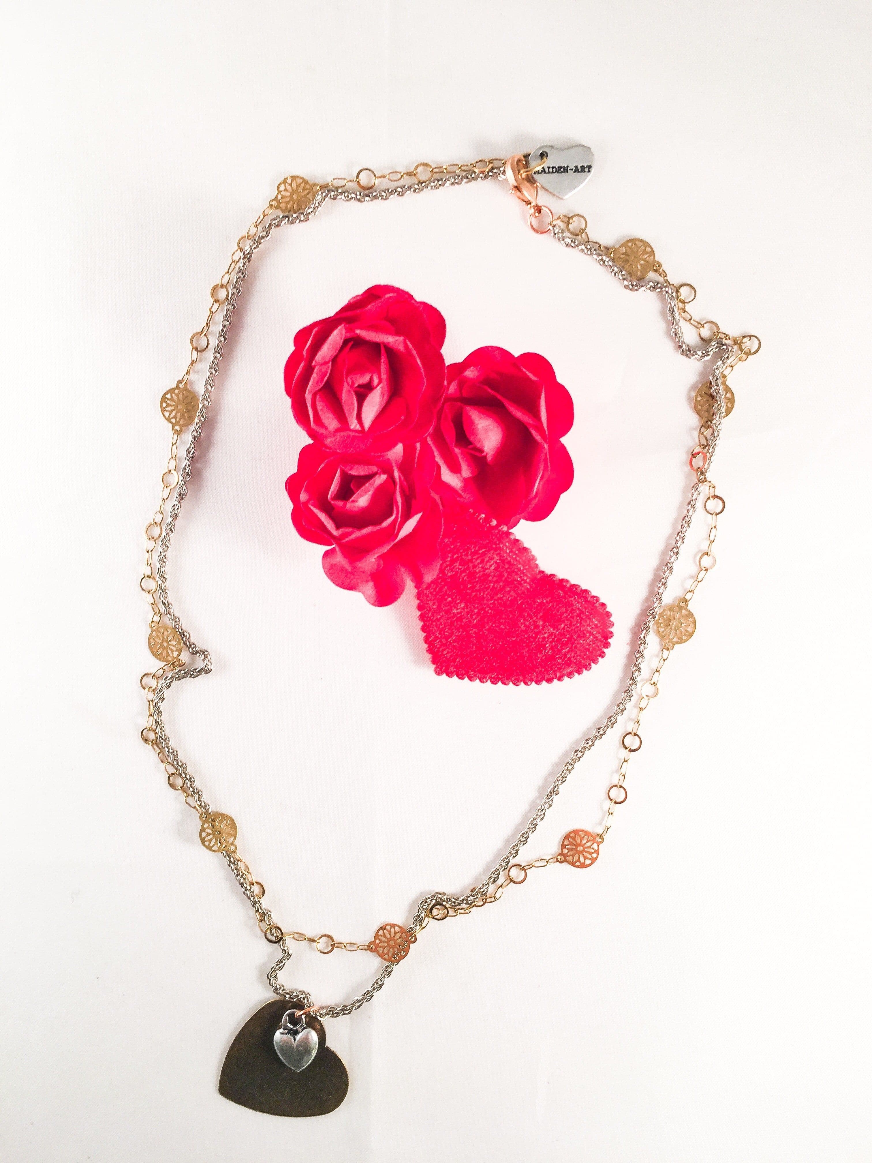 image-Big Bronze Heart and Small Silver Heart Charms Necklace