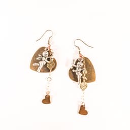 image-Antique Gold Heart and Cherub Charms Earrings. Cherub Earrings.