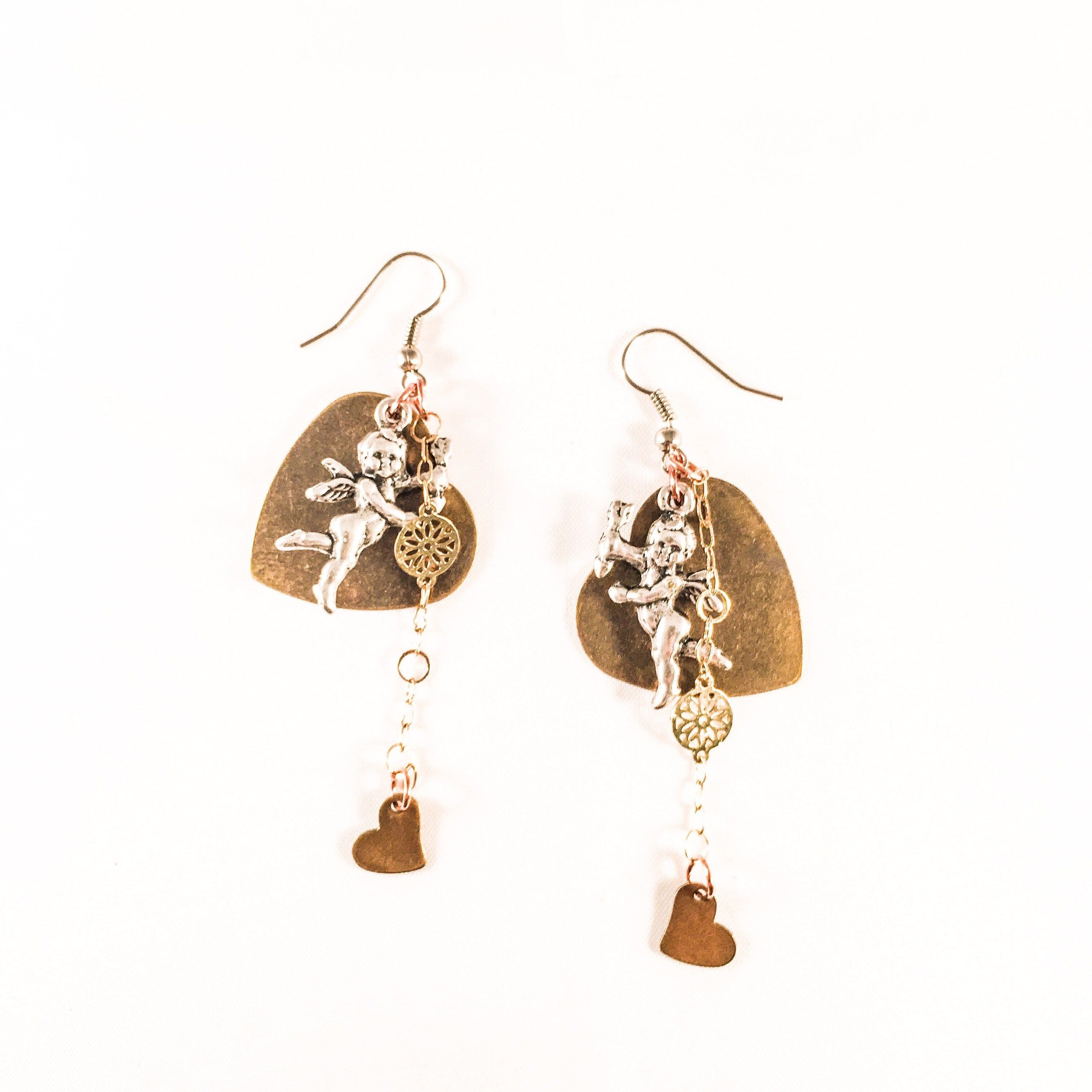 image-Antique Gold Heart and Cherub Charms Earrings. Cherub Earrings.