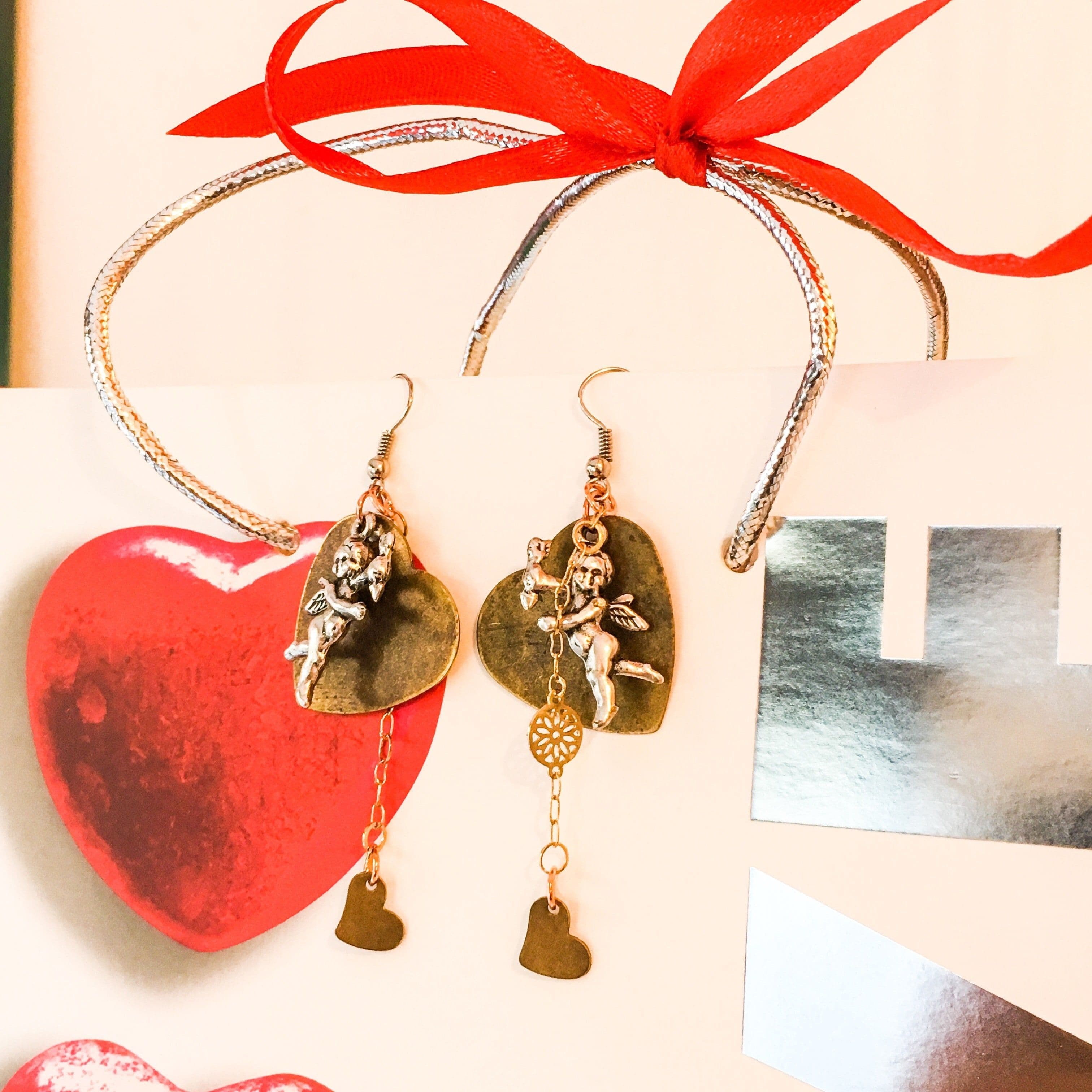 image-Antique Gold Heart and Cherub Charms Earrings. Cherub Earrings.