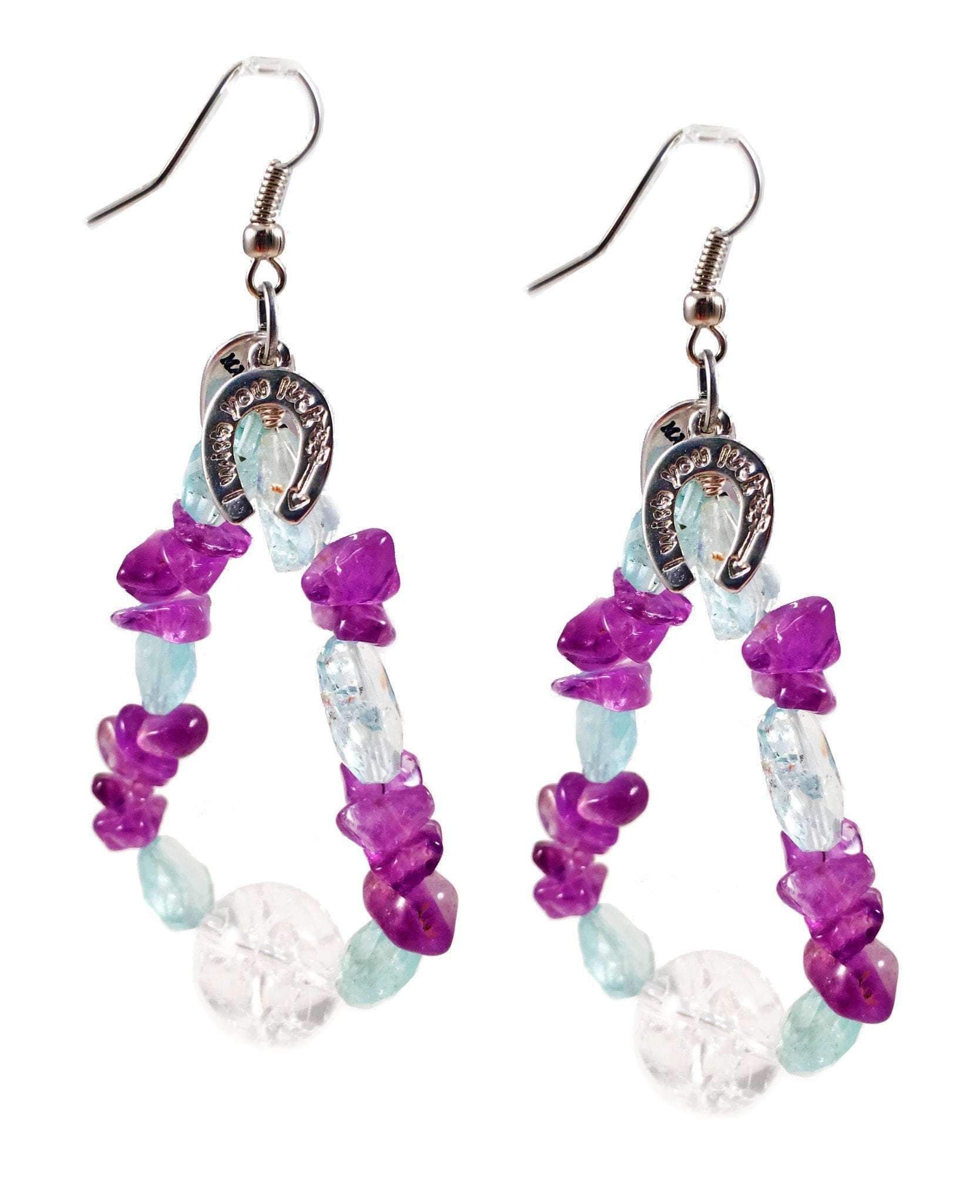 image-Aquamarine and amethyst stones drop earrings with silver horseshoe