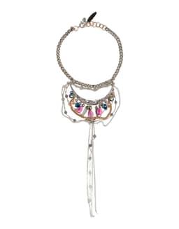 image-Bib necklace with pink agate stones and brass, crystals and crystal