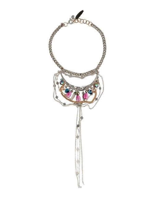 image-Bib necklace with pink agate stones and brass, crystals and crystal