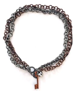 image-Double heart and chain choker necklace in brass and silver. Perfect