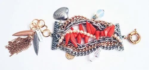 image-Silver cuff bracelet with crystals, pearls, charms and natural coral.