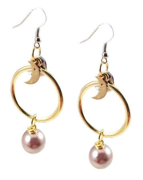 image-18kt Gold Plated and Silver Plated Hoop Earrings with Pearls and Moon