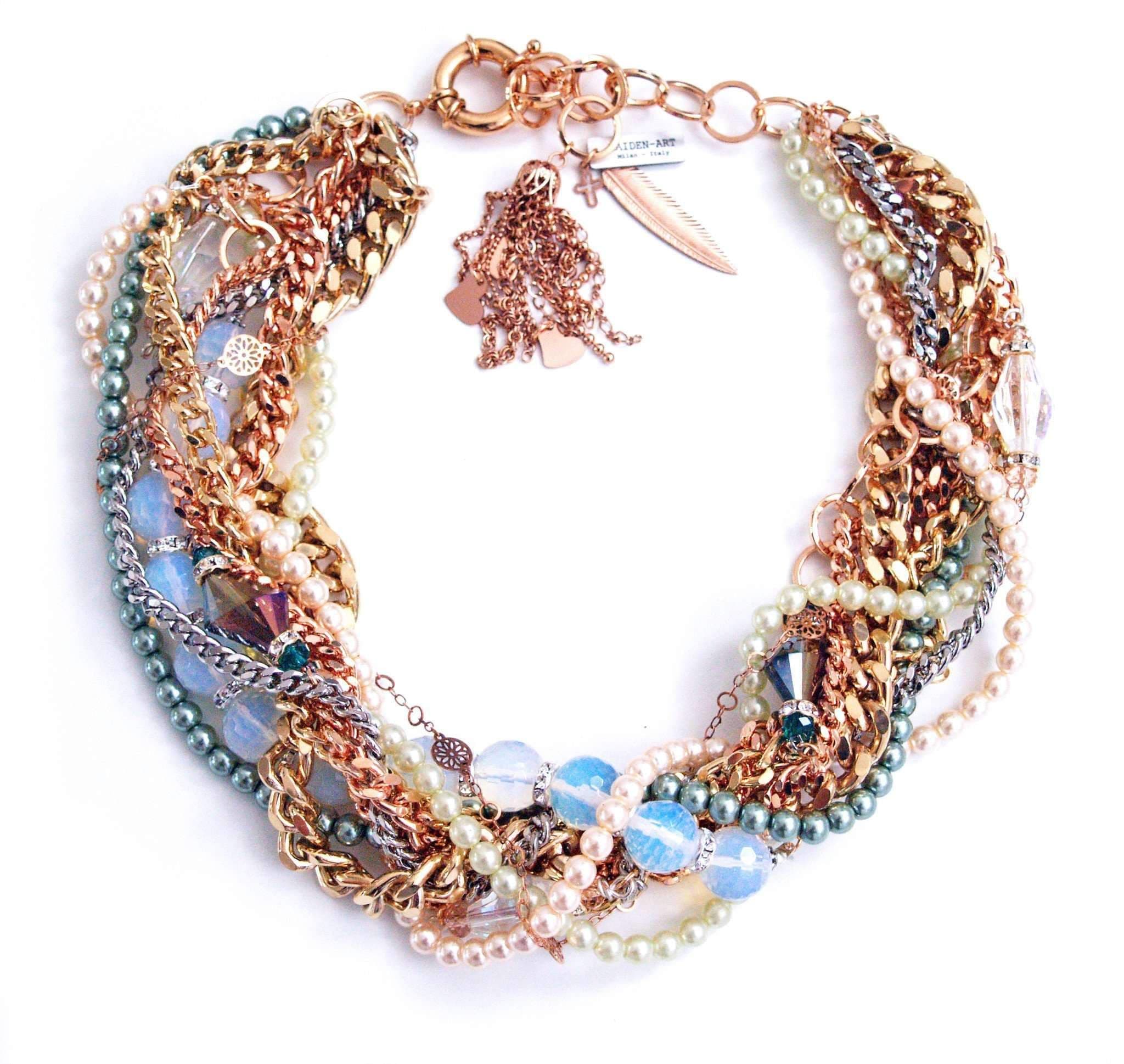 image-Gold Statement Necklace with Opal Stones, Pearls and Crystals