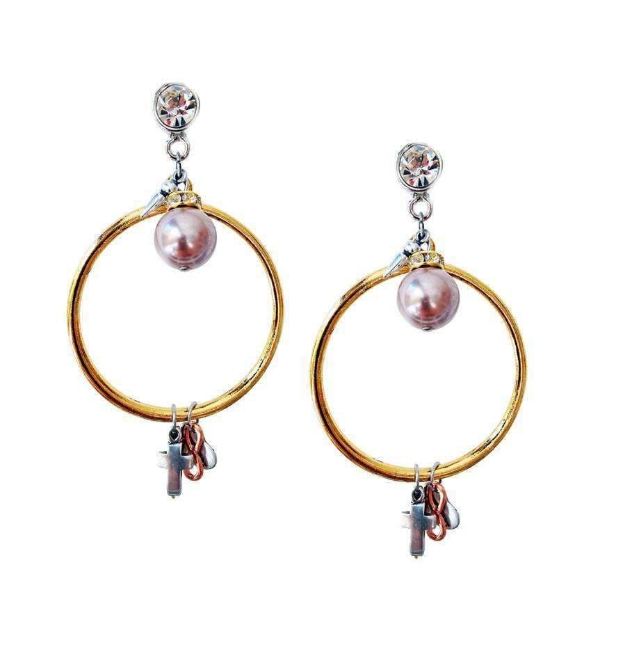 image-Gold dangle and drop earrings with rose pearls, rhinestones, brass and