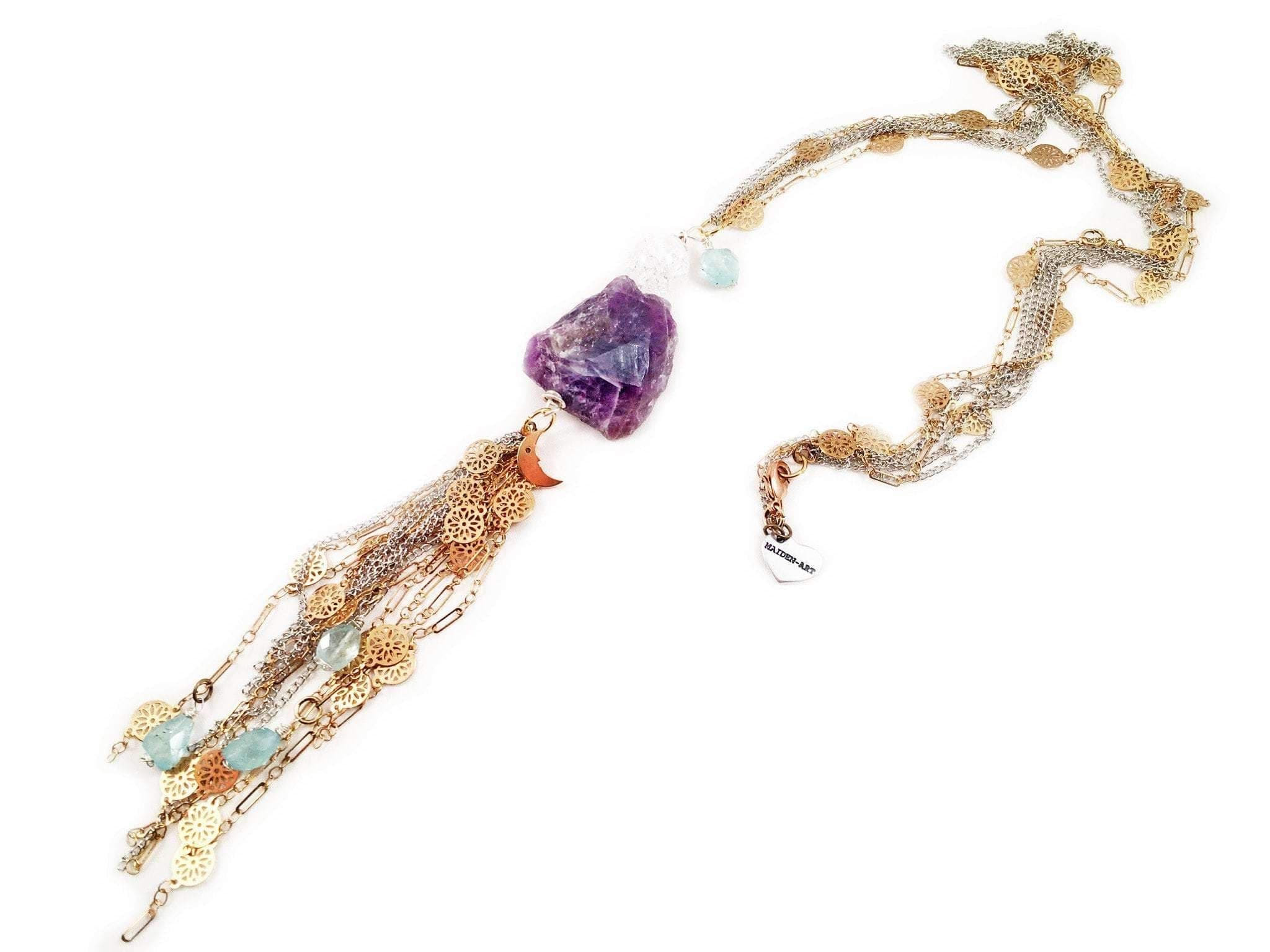 image-Aquamarine, Amethyst, Calcedony and charms long lariat necklace.