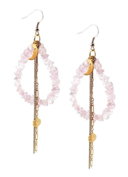 image-Rose quarz drop earrings with moon charm. Perfect for parties, summer