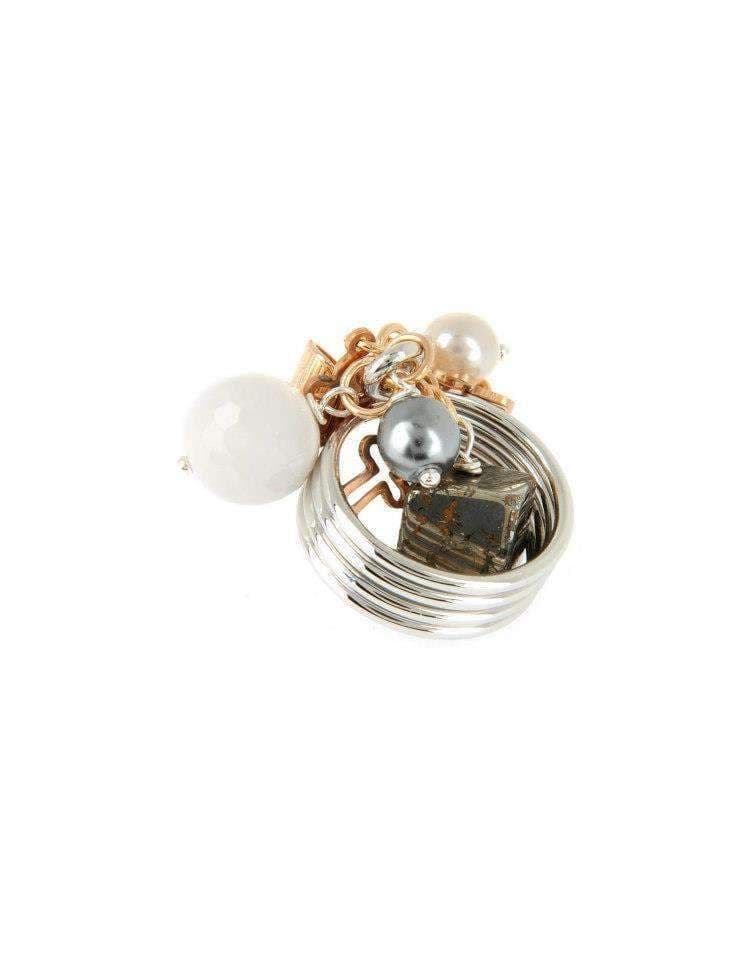 image-White onyx and aquamarine stones brass ring. Italian rings.