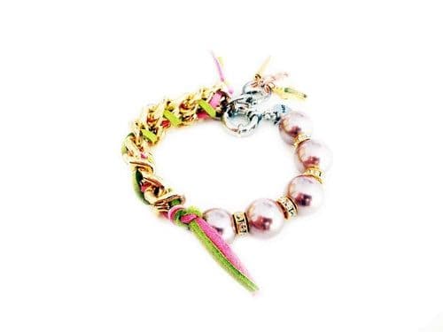 image-Handmade cuff bracelet with colorful pearls and suede ribbons.