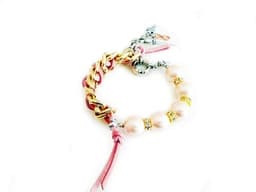 image-Handmade cuff bracelet with colorful pearls and suede ribbons.