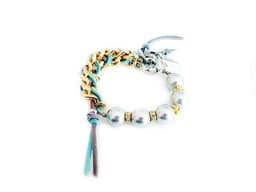 image-Handmade cuff bracelet with colorful pearls and suede ribbons.