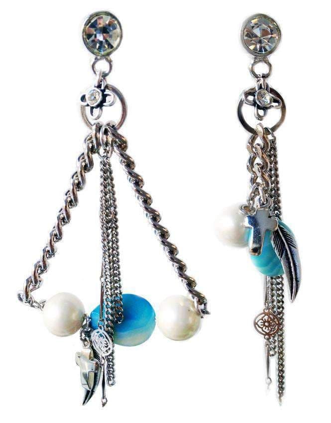 image-Chandelier earrings with blue agate stones, crosses, feathers, pearls,