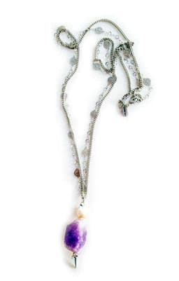 image-Lariat necklace with amethyst and light rose pearl.