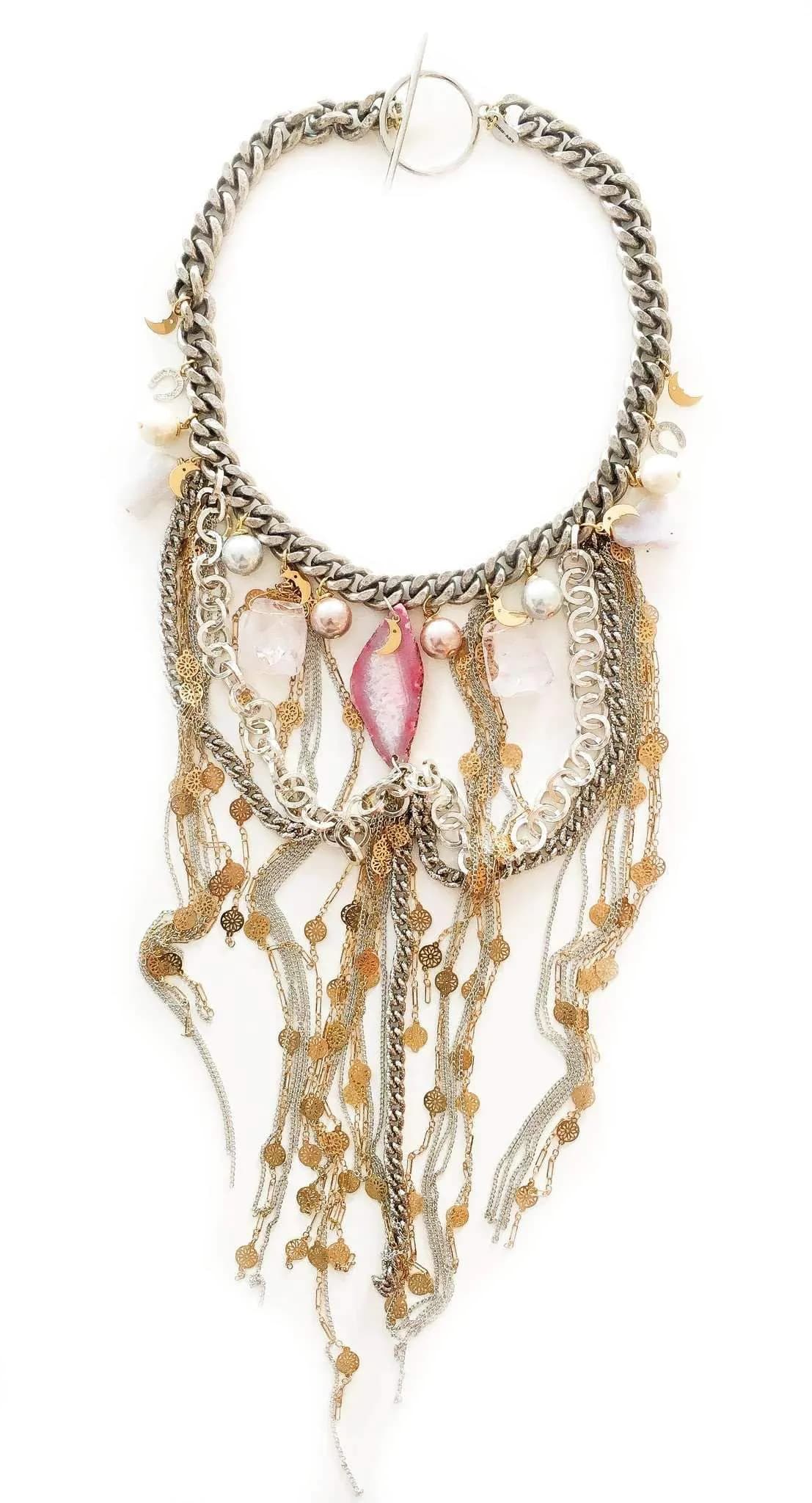 image-Fringe necklace with pink agate, rose quartz, calcedony, pearls and