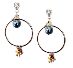 image-Gold dangle and drop earrings with black pearls, rhinestones, brass