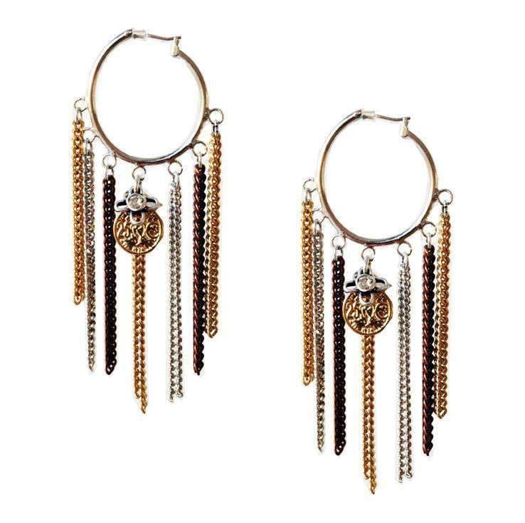 image-Hoop earrings with fringes, chains, charms and burnished gold.