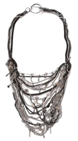 image-Bib necklace with crystals and brass chains. Black Bib Necklace.