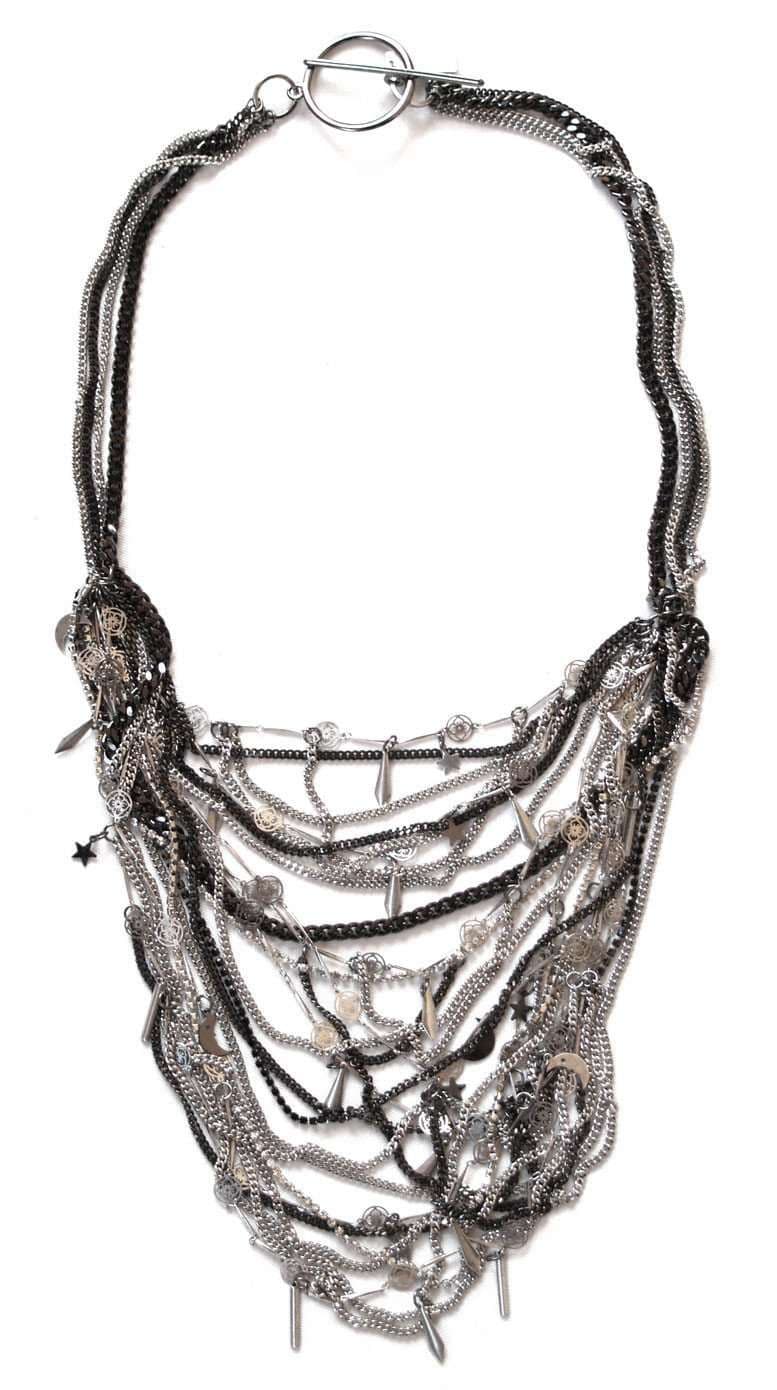 image-Bib necklace with crystals and brass chains. Black Bib Necklace.