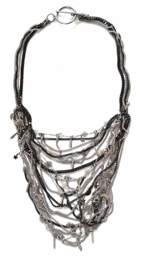 image-Bib necklace with crystals and brass chains. Black Bib Necklace.