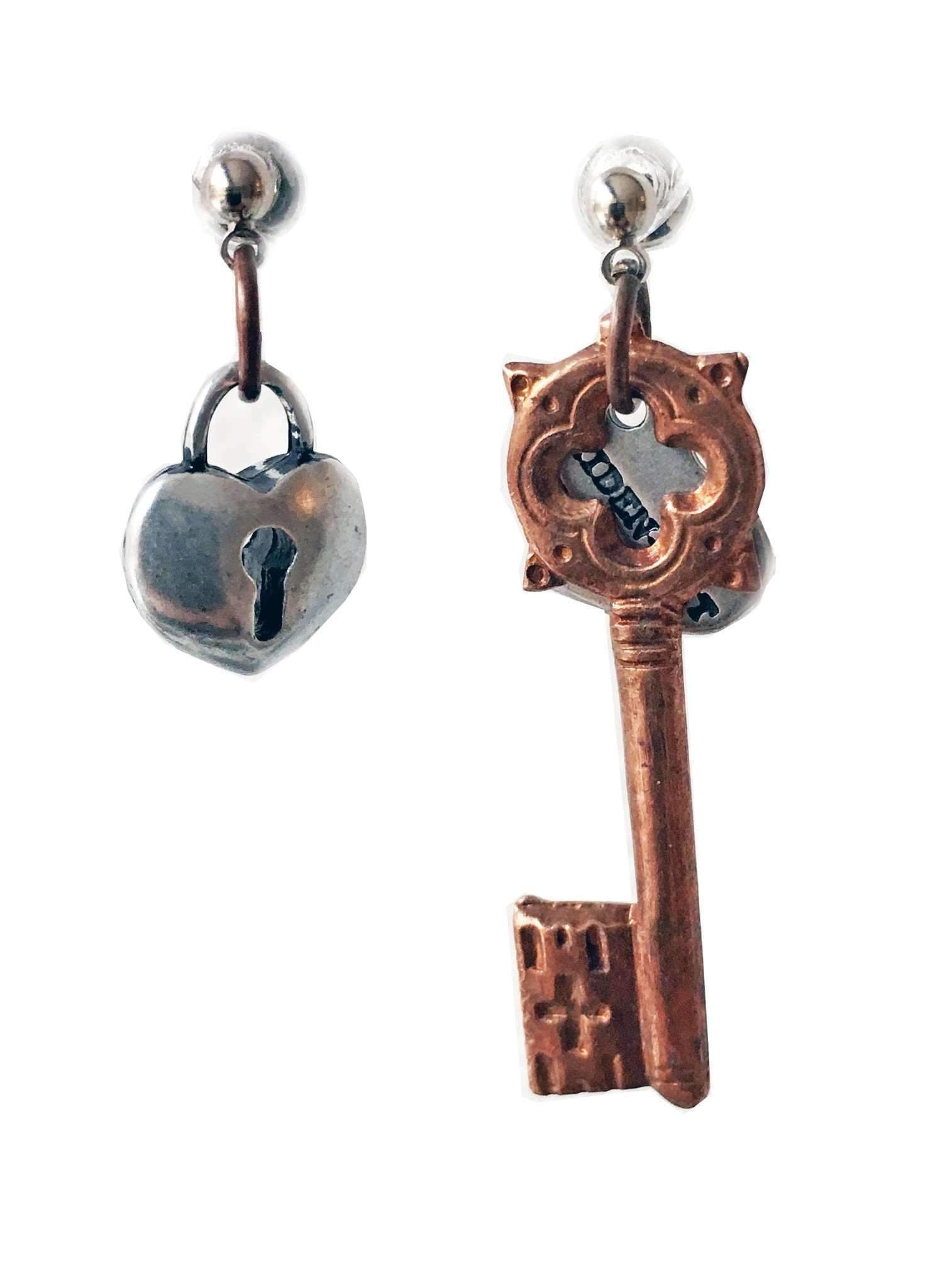 image-Heart Lock and Key cluster earrings in brass and bronze. Perfect for